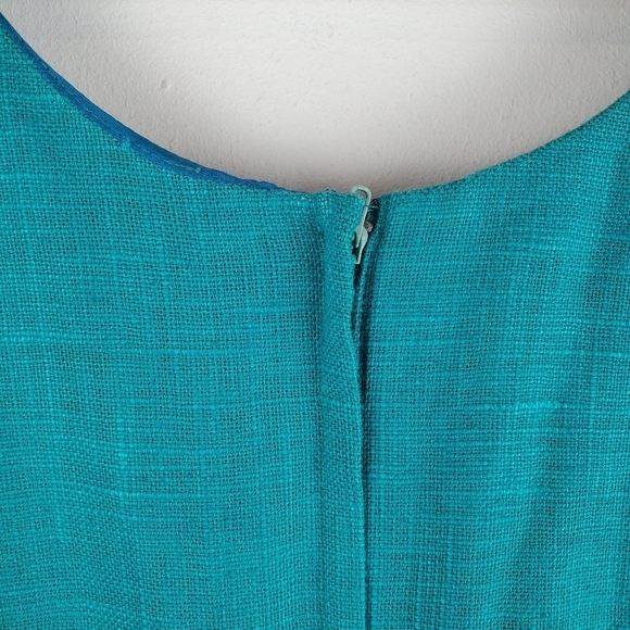 Santa Fe Sheath Dress Womens 6 Aqua Green Ramie Gold Embroidered Leaves Tropical - Picture 13 of 13